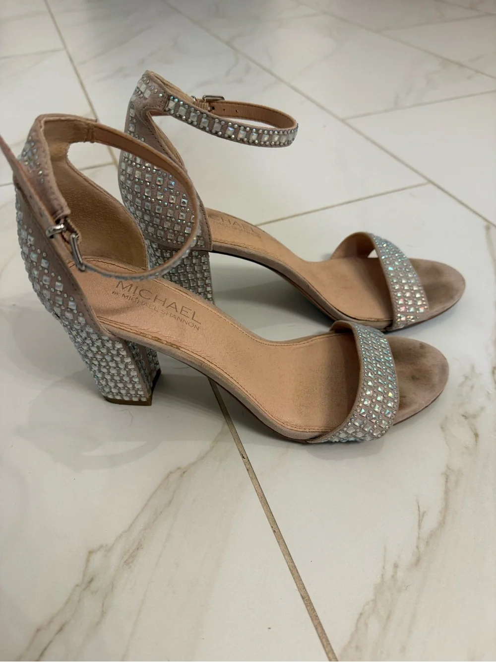 Michael Shannon Blush Pink Crystal-Stud Block Heel Sandals